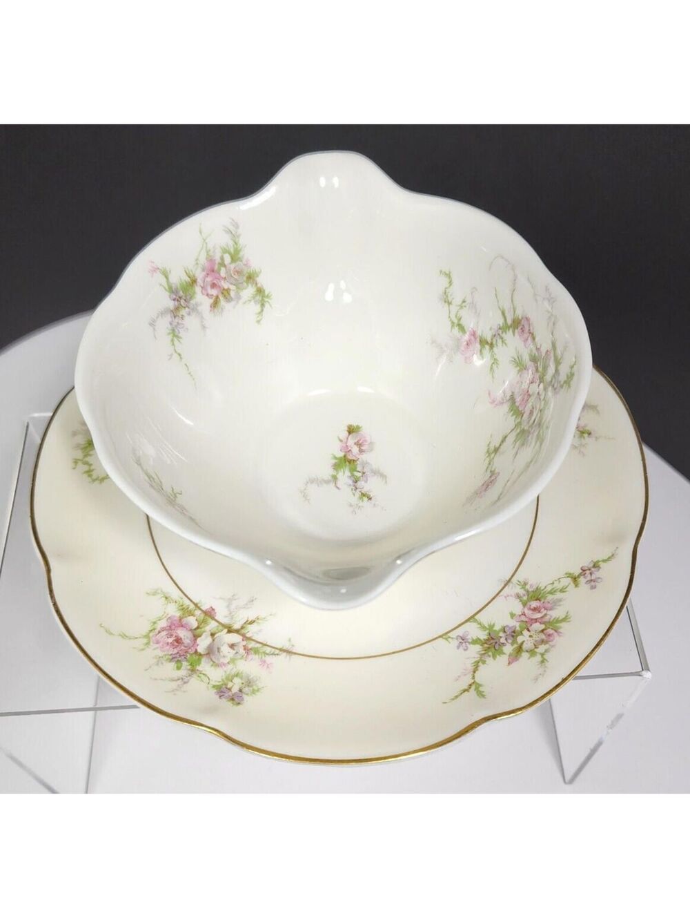 Vtg Theodore Haviland NY Rosalinde Gravy Boat Attached Underplate Gold Trim USA